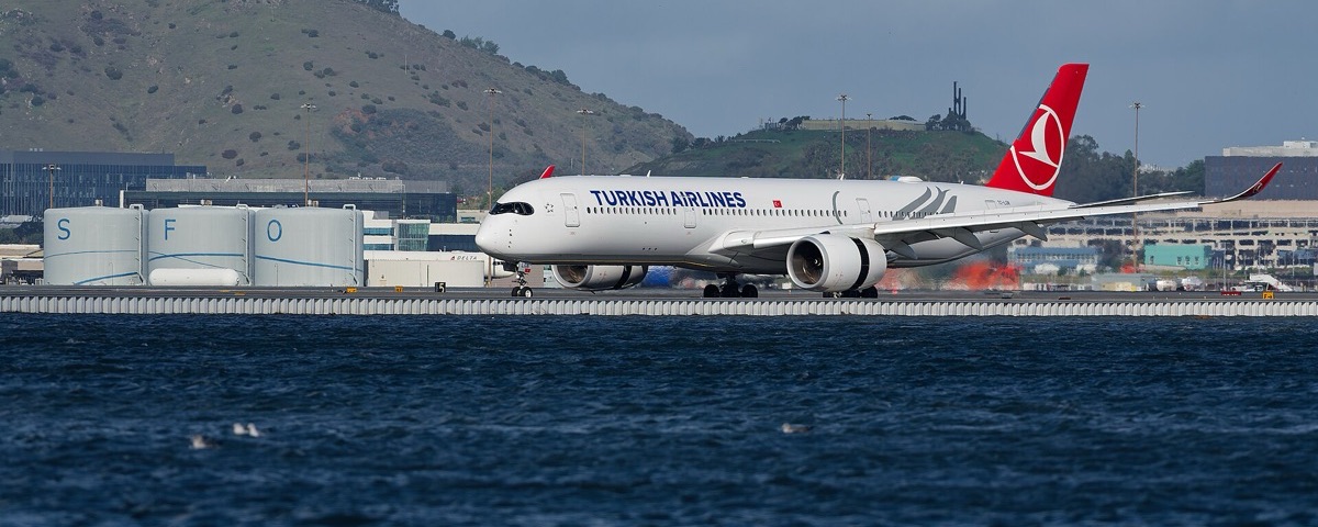 A Turkish Airlines Airbus A350 on the runway at San Francisco International Airport